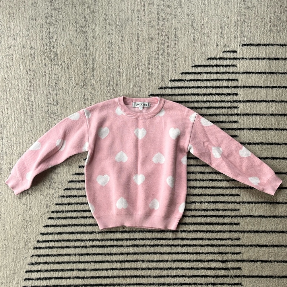 Grace Karin pink sweater with white hearts. Size 6Y